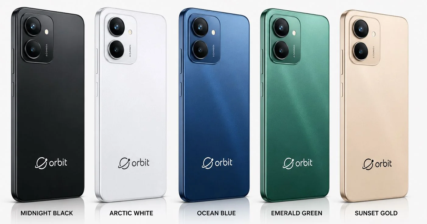 Orbit Pro in midnight black, arctic white, ocean blue, emerald green and sunset gold