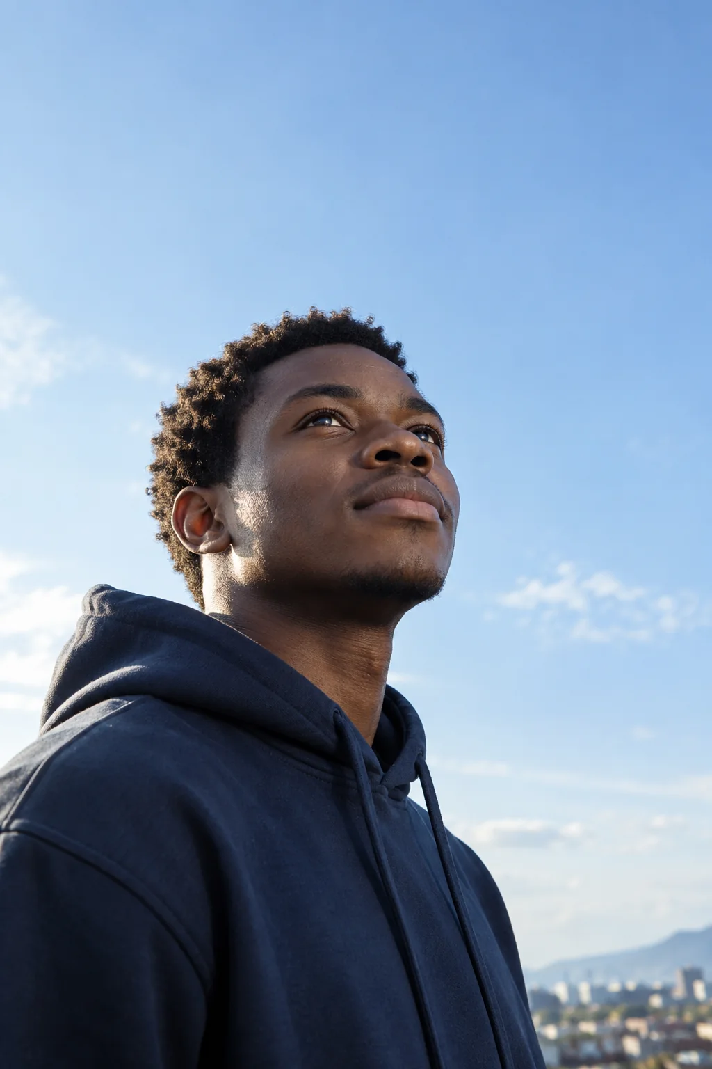 A young person looking ahead beneath a clear blue sky