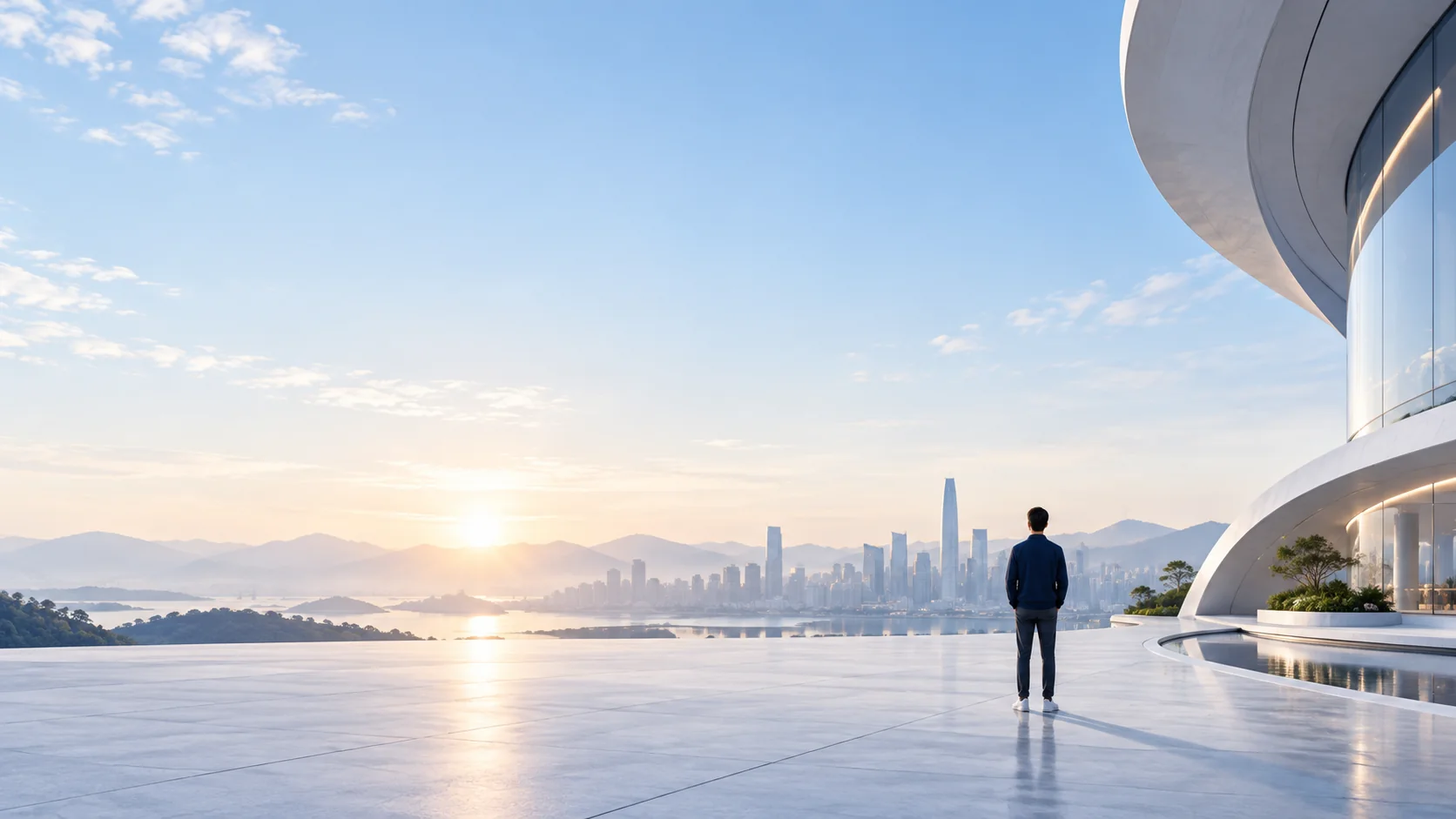 A person looking across a bright contemporary city from an open plaza