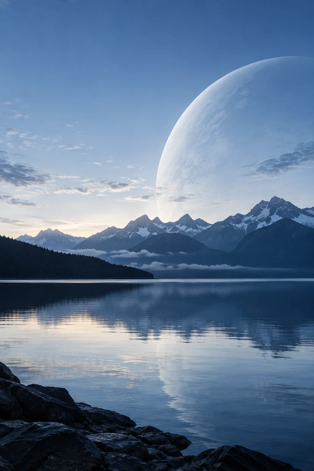 A quiet mountain lake beneath a luminous pale sphere